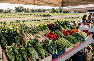 Vibrant Hmong farmers market stall displaying fresh vegetables and herbs in rural Wisconsin
