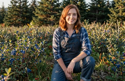 Hannah, 33, Maine blueberry farmer from Cherryfield kneeling in a wild blueberry barren on Yougotmatched