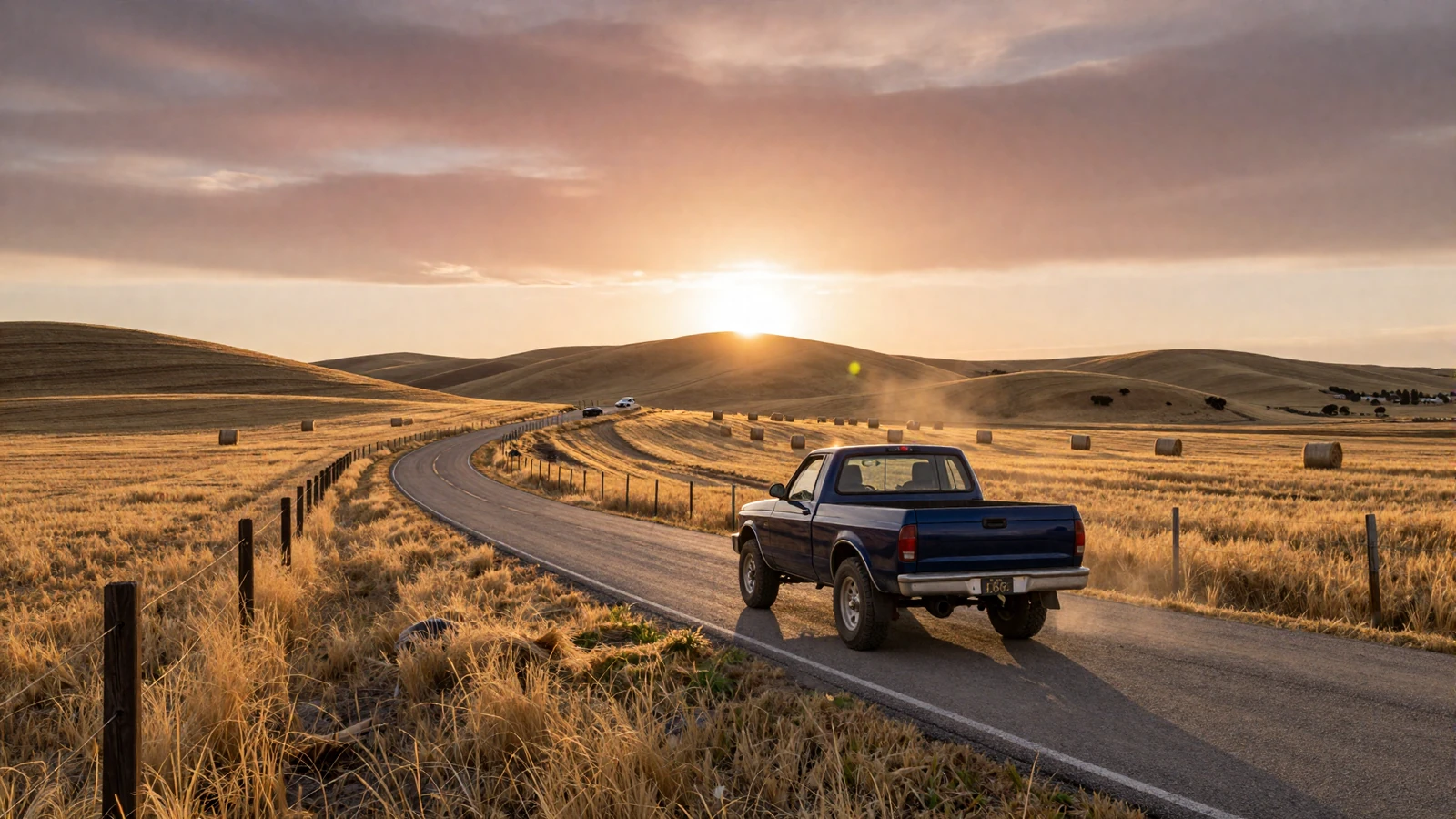 Scenic country road through golden wheat fields at sunset with a pickup truck and rolling hills in American heartland