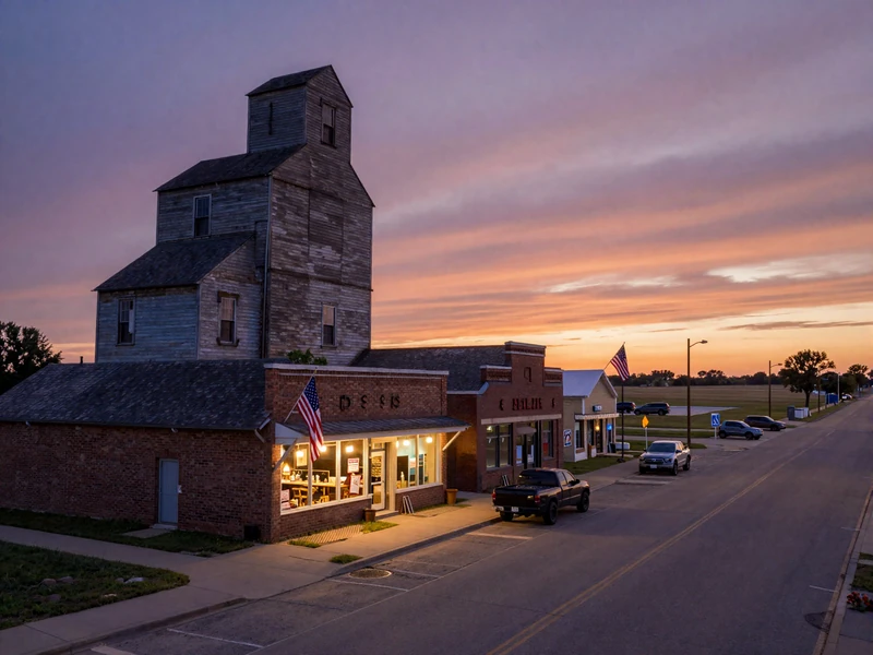 Small Illinois town main street at dusk with a grain elevator silhouetted against sunset, brick storefronts, and pickup trucks parked along the road