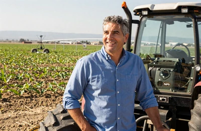 Successful California farmer entrepreneur standing by modern equipment on a large agricultural operation