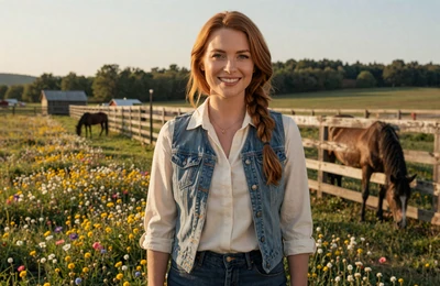 Megan a 32-year-old Methodist horse farmer from Tennessee in wildflower meadow