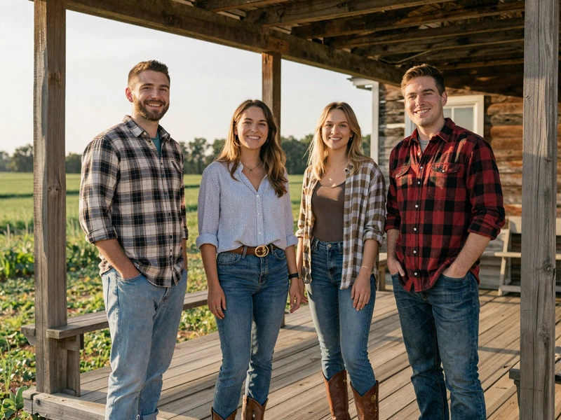 Yougotmatched team members smiling on a farmhouse porch in rural American countryside