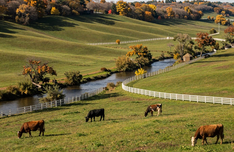 Missouri Ozarks farm valley with cattle on rolling green hills and winding river