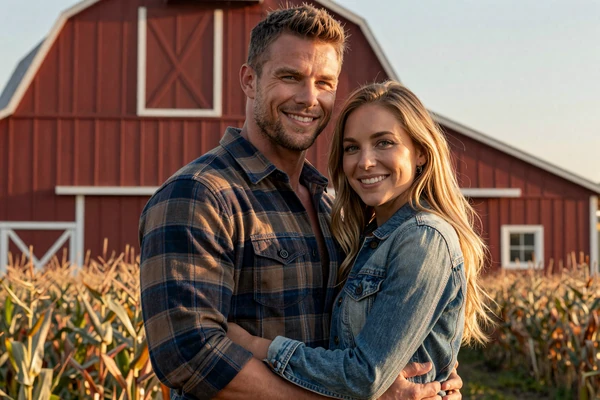 Jake and Sarah, a farmer couple from Indiana, standing together by a red barn at golden hour