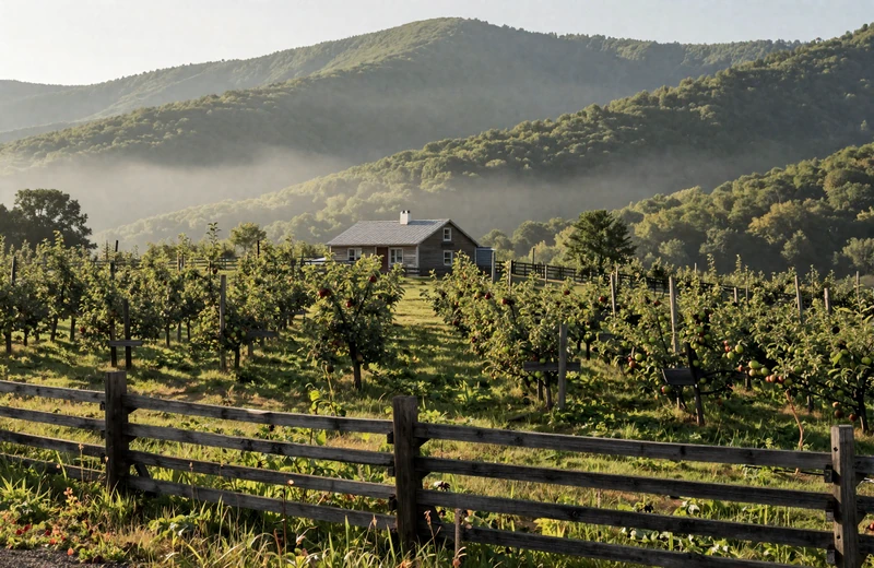 West Virginia mountain homestead with apple orchard on misty Appalachian hillside