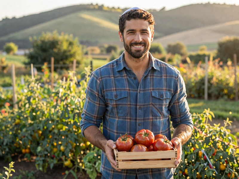 Jewish-American farmer holding a basket of fresh tomatoes in an organic vegetable garden in rural New York at golden hour