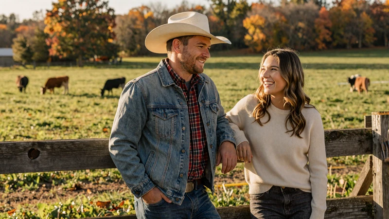 Happy couple leaning on a farm fence at golden hour with cattle grazing in the background, embodying the farmer dating lifestyle