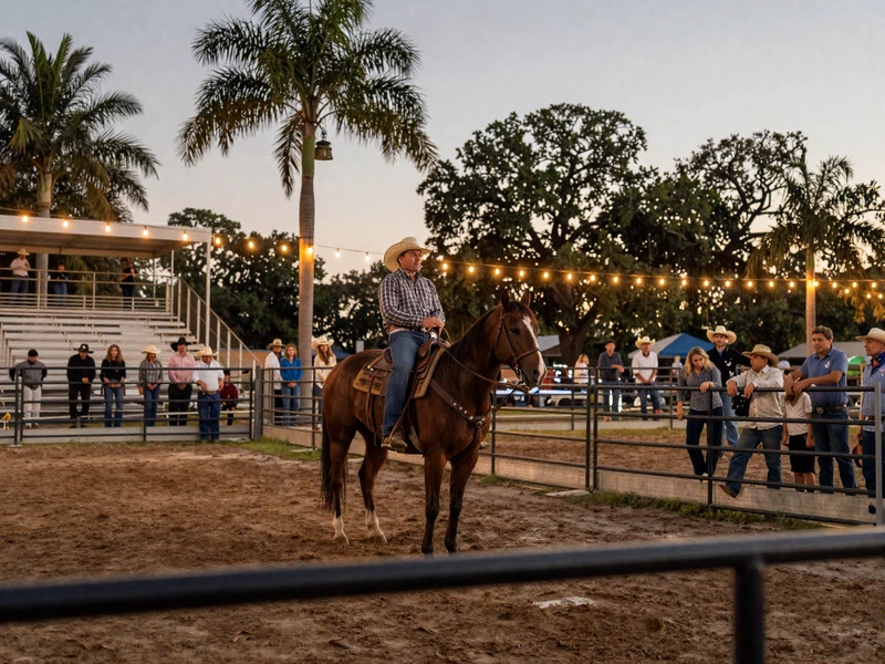 Florida country rodeo at dusk with a cowboy on horseback, string lights, and palm trees in a rural arena