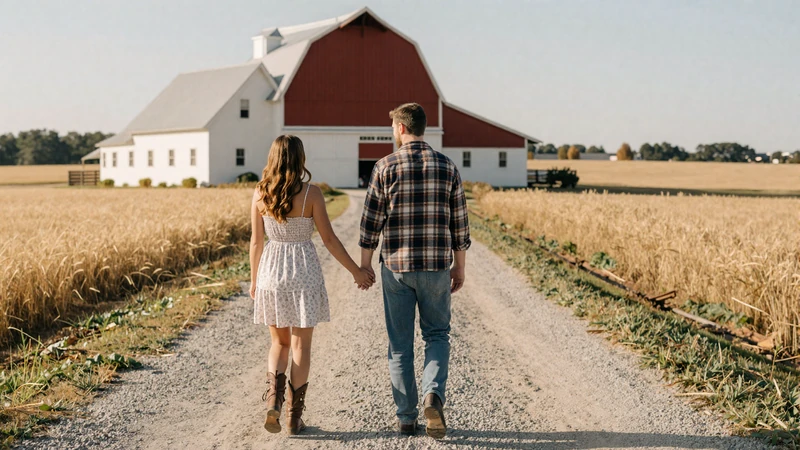 Couple walking hand in hand toward a farmhouse on a country road surrounded by golden wheat fields