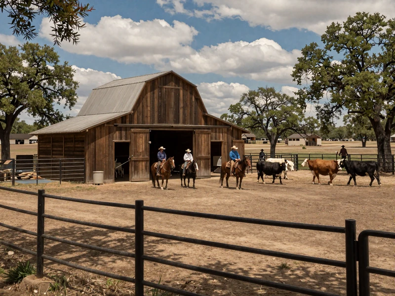 Working Texas ranch with cowboys on horseback herding cattle near rustic barn under blue Lone Star sky