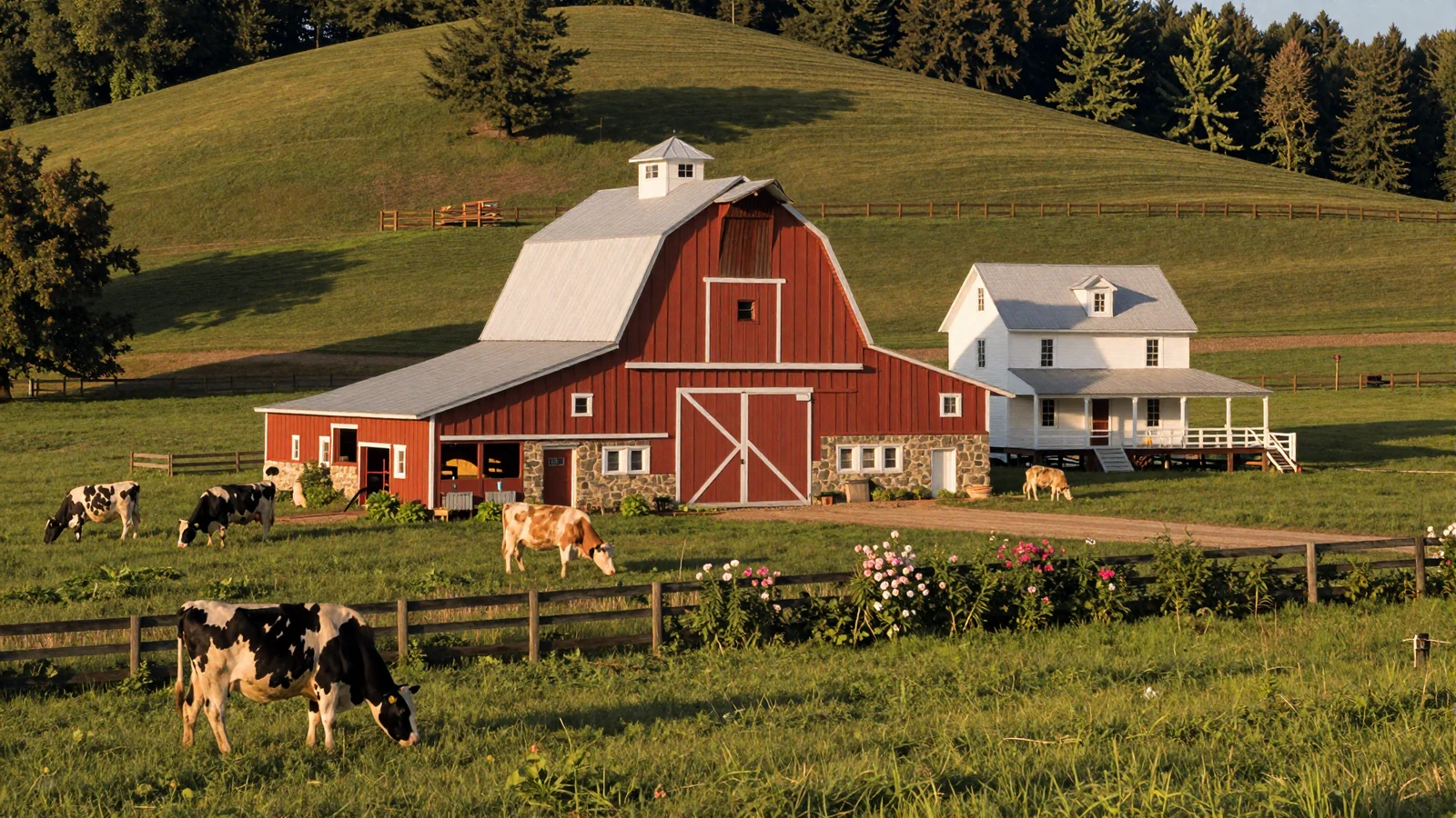Traditional American Midwest farm with red barn and green pastures at golden hour reflecting European agricultural heritage
