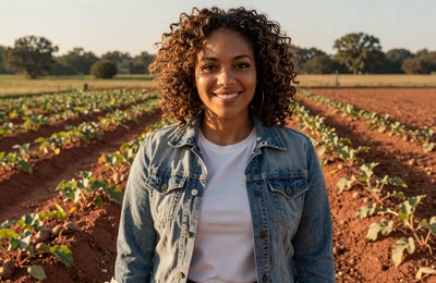 Keisha, 34, North Carolina sweet potato and produce farmer from Johnston County smiling in her field on Yougotmatched