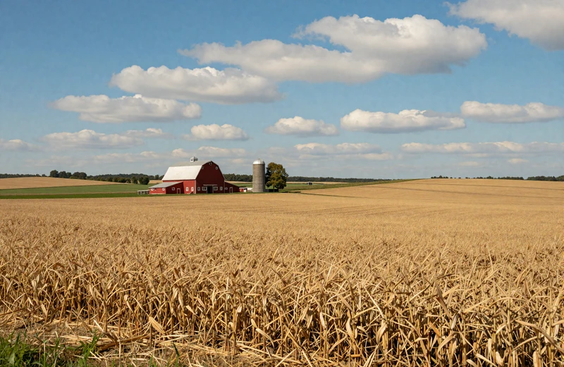 Indiana corn fields with classic red barn in the Hoosier State heartland
