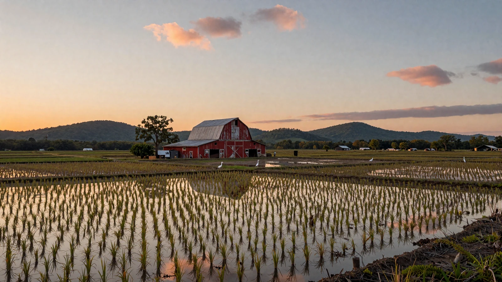 Arkansas Delta rice fields at golden hour sunset with flooded paddies reflecting warm sky and distant Ozark foothills