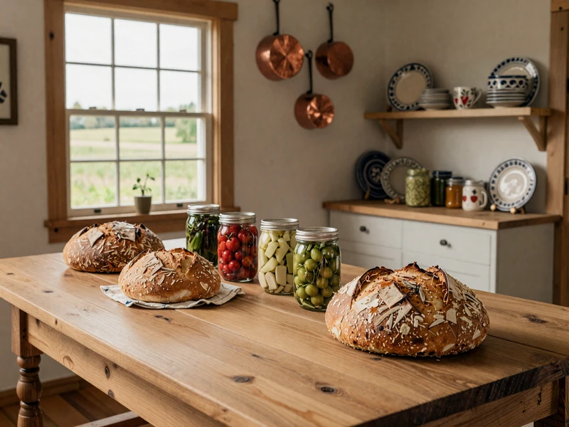 Rustic Midwestern farmhouse kitchen with European-influenced decor and fresh-baked bread on a wooden table