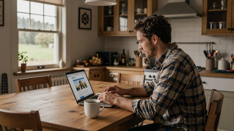 Farmer comparing dating sites on a laptop in a cozy farmhouse kitchen with morning light and green fields visible outside