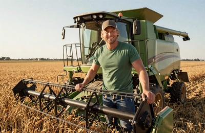 Derek, 38, Missouri grain farmer from the river bottoms leaning on his combine in a soybean field on Yougotmatched