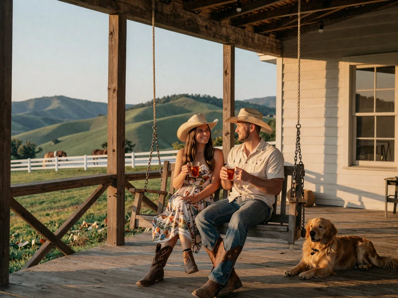 Happy couple relaxing on a Tennessee farmhouse porch swing at sunset with rolling hills and white fences in the background