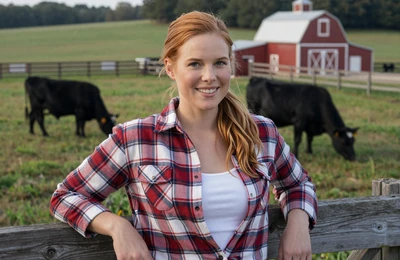 Rachel, 34, Illinois livestock farmer from Macoupin County smiling by a fence with Angus cattle in green pasture on Yougotmatched