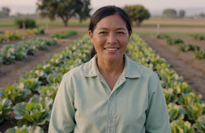 Asian American woman farmer smiling in a California vegetable garden with fresh produce