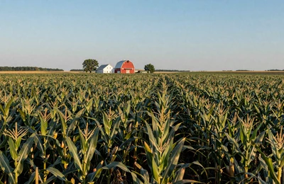 Iowa cornfields stretching to the horizon with classic farmhouse in the Corn Belt heartland
