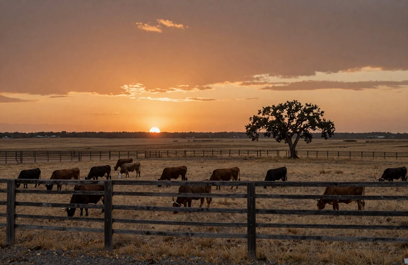 Texas cattle ranch at sunset with longhorn cattle grazing on open range