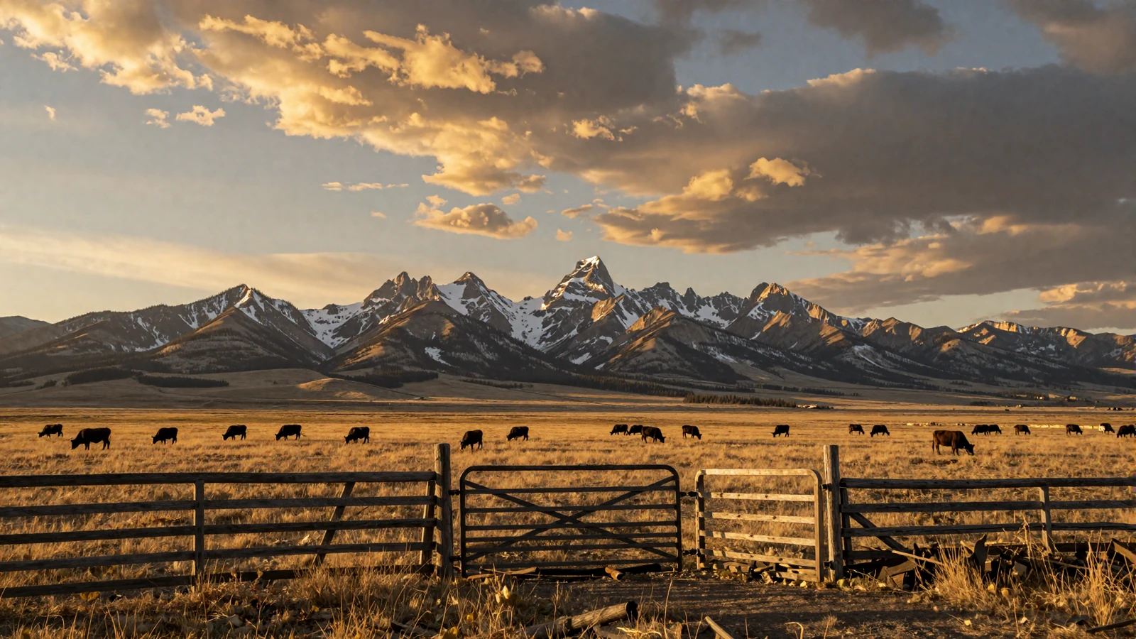 Vast Montana ranch at golden hour with cattle grazing on open grassland beneath snow-capped Rocky Mountain peaks and a dramatic Big Sky sunset
