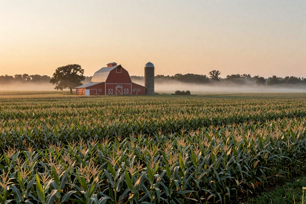 Indiana corn fields at sunrise with classic red barn in the Hoosier State heartland
