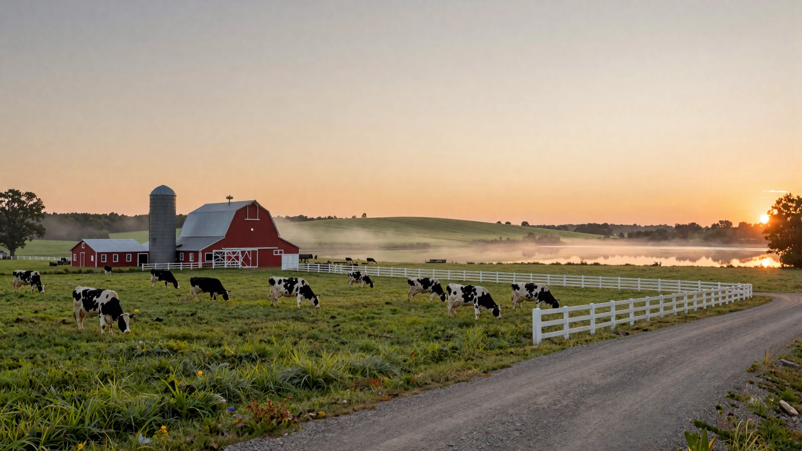 Wisconsin dairy farmland at sunrise with Holstein cows grazing on green pastures near a classic red barn and lake in America's Dairyland