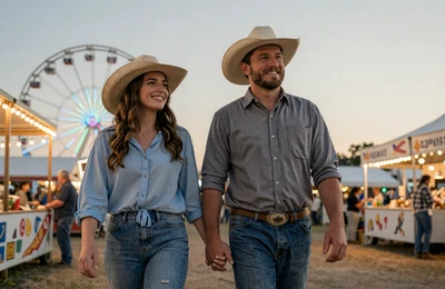 Couple walking through a Midwestern county fair at twilight with a ferris wheel and string lights in the background