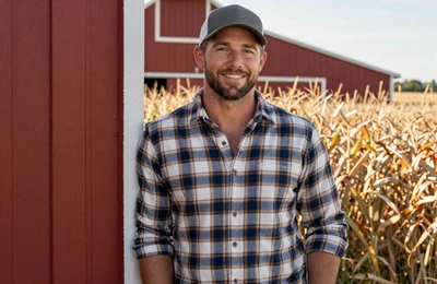 Travis a 38-year-old Christian corn farmer from Indiana smiling beside red barn