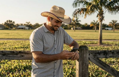 Florida farmer smiling at his phone while leaning against a ranch fence with palm trees in golden light