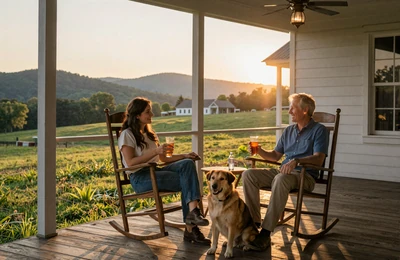 Farmer couple on a Missouri farmhouse porch at sunset with sweet tea and Ozark hills in the background