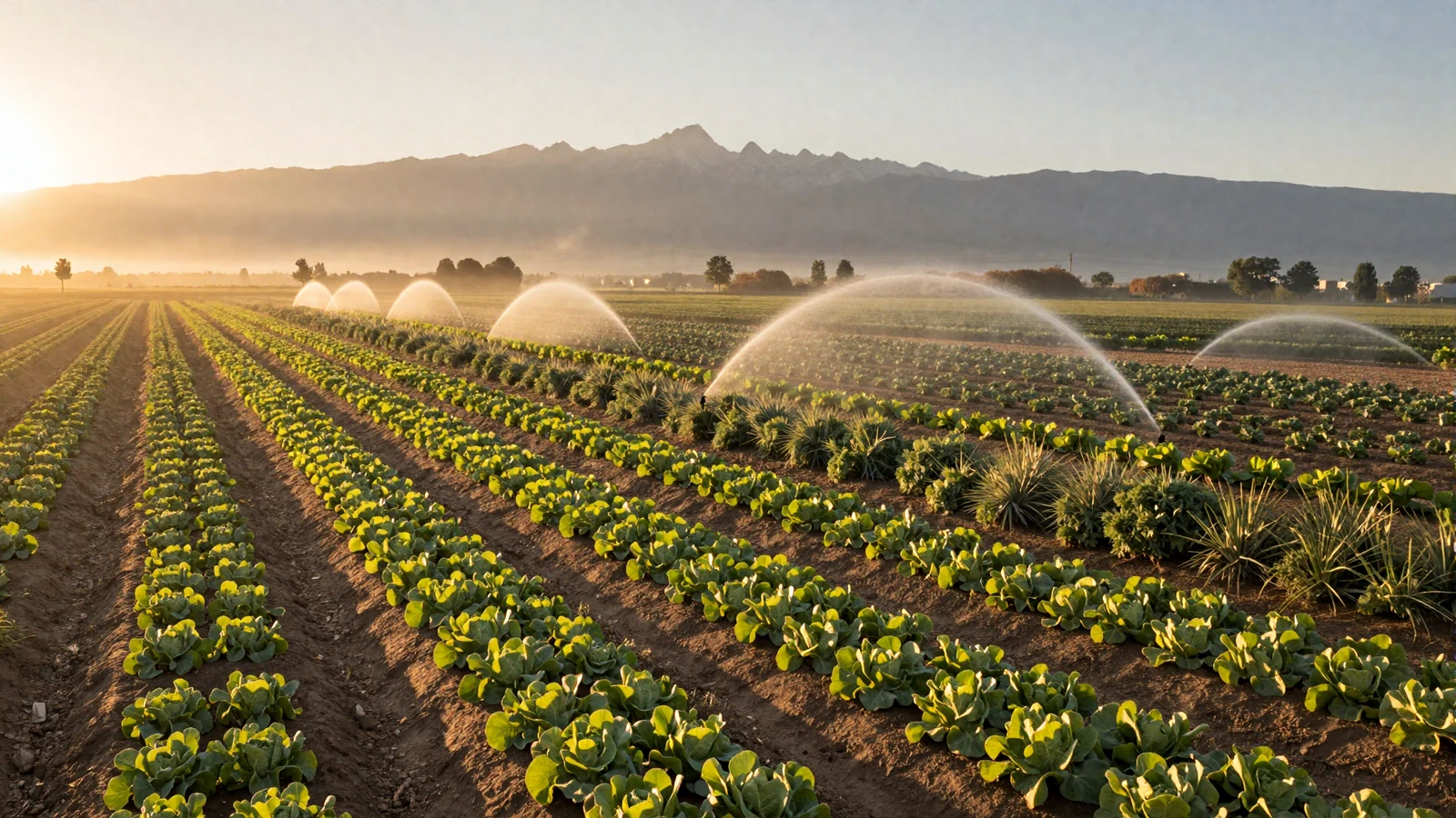 Terraced vegetable farm in California Central Valley at sunrise with morning mist over green crop rows