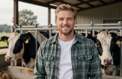 Erik, 36, Minnesota dairy farmer from Winona County smiling in front of his dairy barn on Yougotmatched