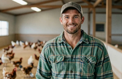 Wade, 42, Alabama poultry farmer from Cullman smiling inside his modern broiler barn on Yougotmatched