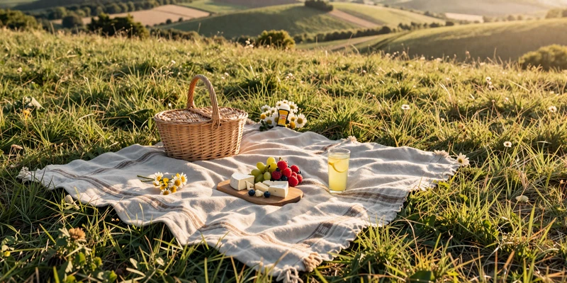 Rustic picnic blanket with cheese board and lemonade set on a hilltop overlooking farmland at golden hour