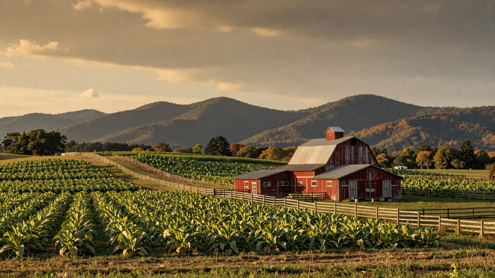 North Carolina Piedmont farmland at golden hour with rolling tobacco fields, a red barn, and the Blue Ridge Mountains in the background