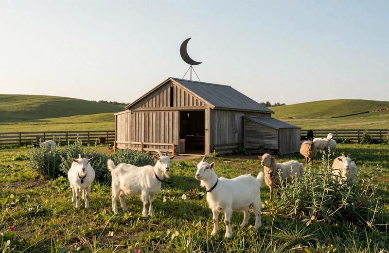 Peaceful halal farm with goats and herb garden in serene rural American setting