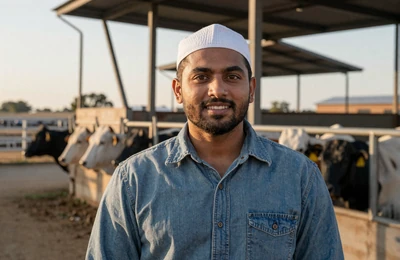 Ahmad a 38-year-old Muslim cattle rancher from Texas standing confidently beside his barn