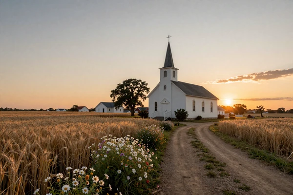 White country church beside golden wheat field representing Christian farming community