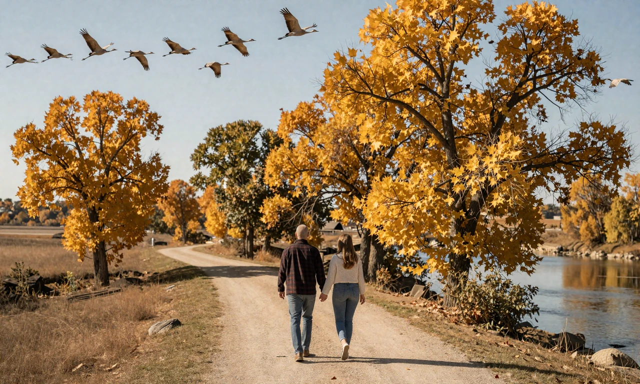 Couple walking along a scenic Nebraska Platte River trail in autumn with golden cottonwood trees and sandhill cranes