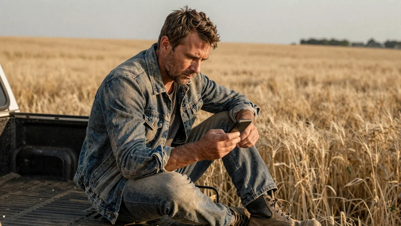 Farmer sitting on truck tailgate looking at dating app on smartphone in front of golden wheat field at sunset