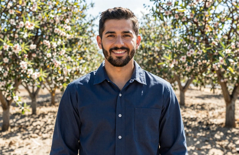 Carlos a 38-year-old orchard operations manager standing in a vast California almond orchard in morning light