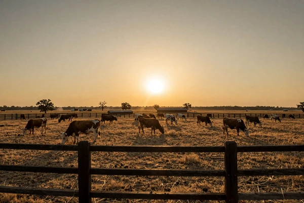 Texas cattle ranch at golden hour with longhorn cattle grazing on open range