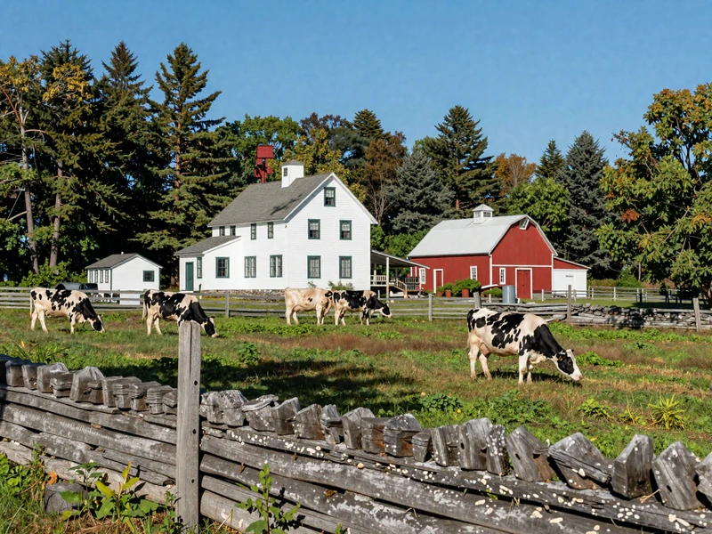 Picturesque Maine family farm with a white farmhouse and red barn surrounded by green pastures with dairy cows grazing and pine trees