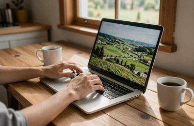 Farmer creating an online dating profile on a laptop at a rustic farmhouse kitchen table