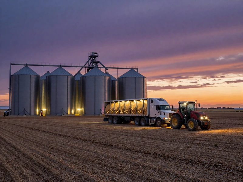 Modern industrial farm at dusk with illuminated grain bins, a loaded semi-truck, and GPS-guided tractor in Nebraska