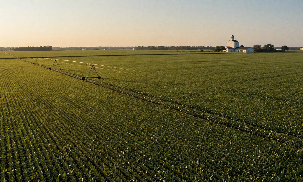 Flat Arkansas Delta soybean fields near Jonesboro at sunrise with a grain elevator in the distance